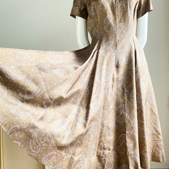 Vintage Paisley Print Beige Blue Earthtones Short Sleeve Fit and FLare Dress S - Picture 5 of 10